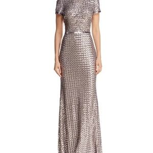 Aqua Belted Sequin Taupe Silver Short Sleeve Gown Sz 4